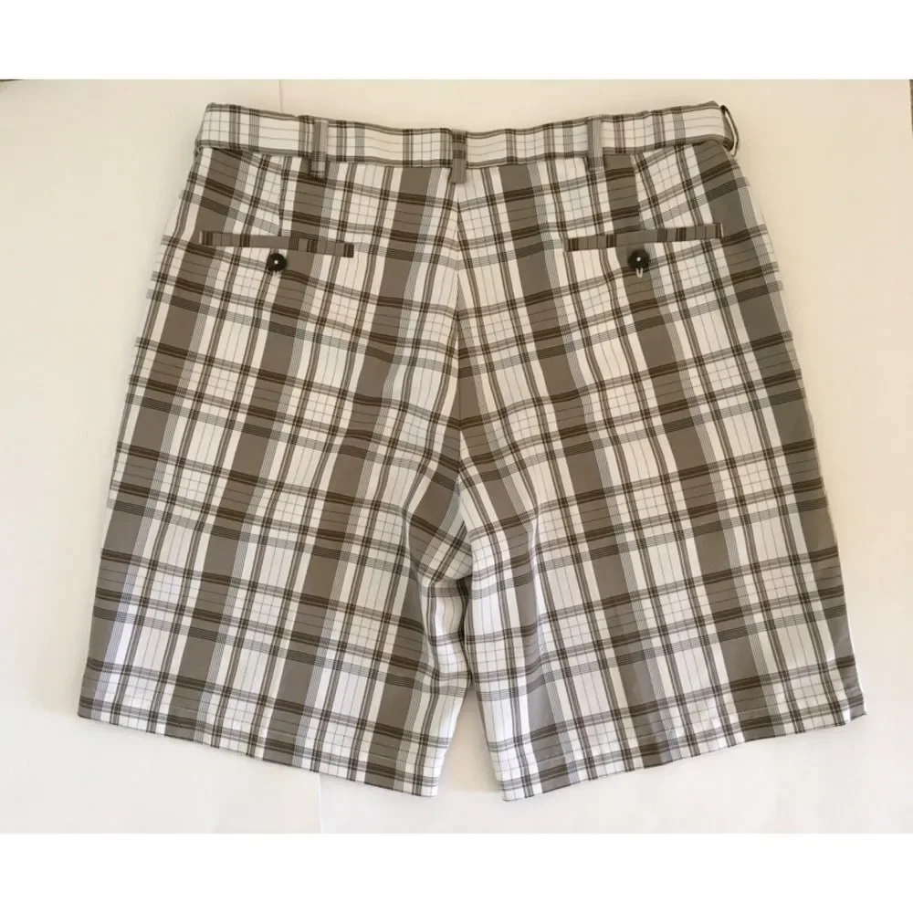 Haggar Golf Performance Shorts Mens 36 Brown White Plaid Expandable Waist